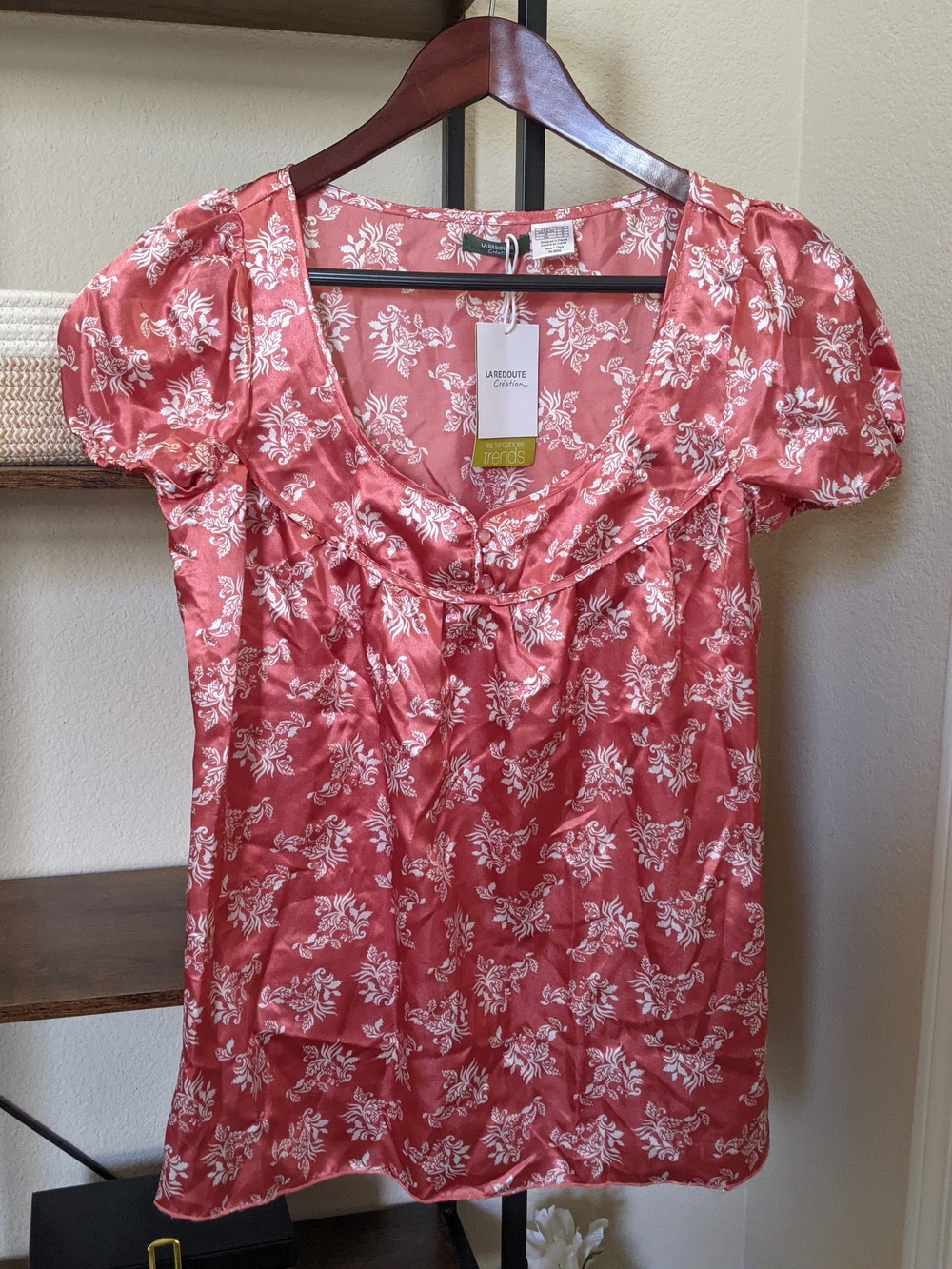 La Redoute Sz 4 Salmon Pink/Orange Floral Cap Sleeve Satiny Blouse NWT Old Stock